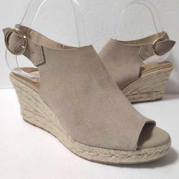 KANNA Made in Spain Taupe Suede Leather Wedge Peep Toe Espadrille Sandal Size 37 - Picture 3 of 10
